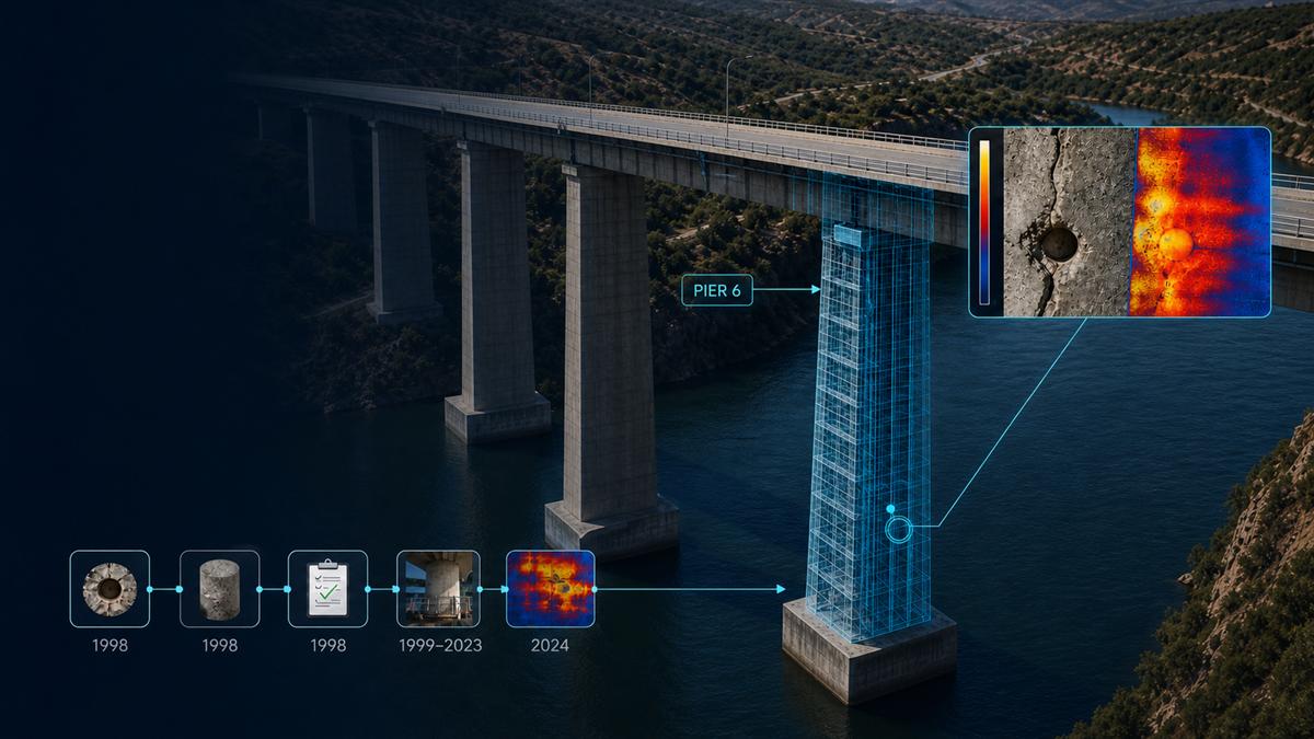 Bridge with Pier 6 shown as an evidence-rich cutaway connecting original evidence to recurring inspections and a 2026 thermal moisture finding.